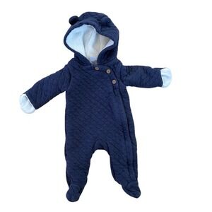 Carters Navy Blue Quilted Sherpa Lined Hooded Pram Suit Snowsuit Bear Ears 3 M